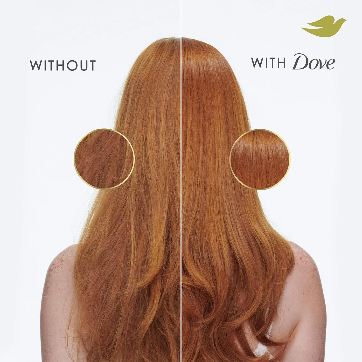 Dove hair before and after using the repair system for improved manageability