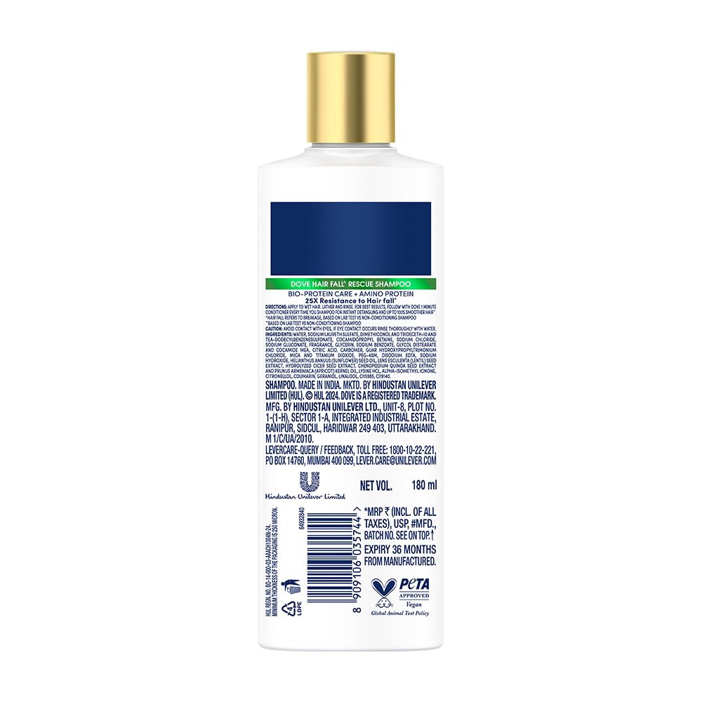 Dove Hair Fall Rescue Shampoo 6 oz pack on vanity.