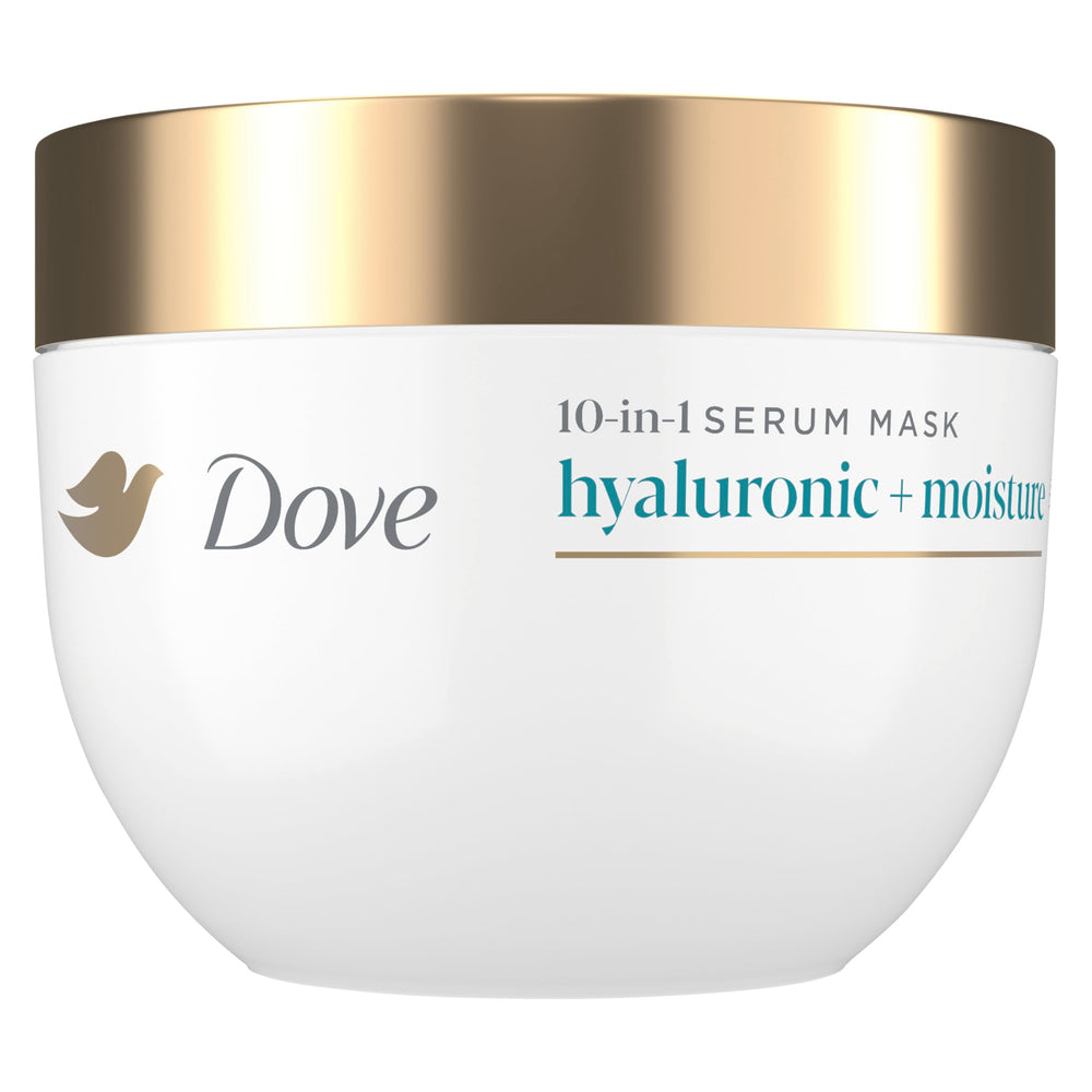 Dove hair hyaluronic moisture mask jar closeup with rich hydration