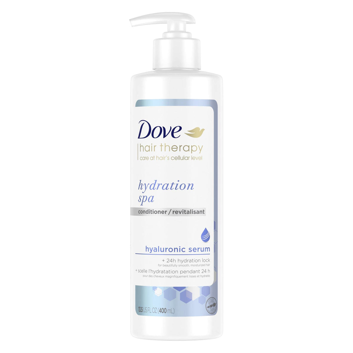 Dove Hair Therapy Hydration Spa Conditioner bottle for moisturized, soft hair.