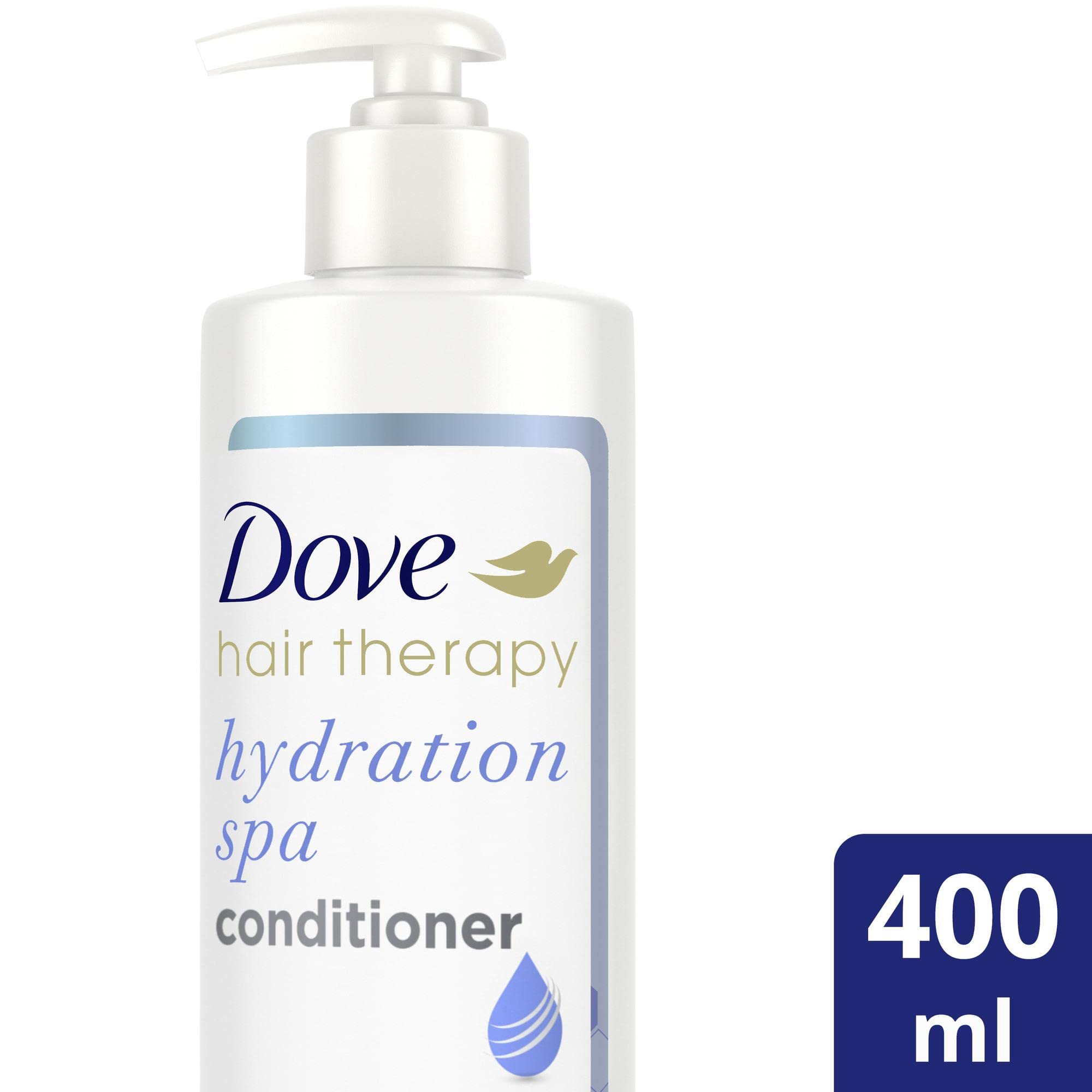 Close-up of Dove Hydration Spa Conditioner showing rich moisture and shine.