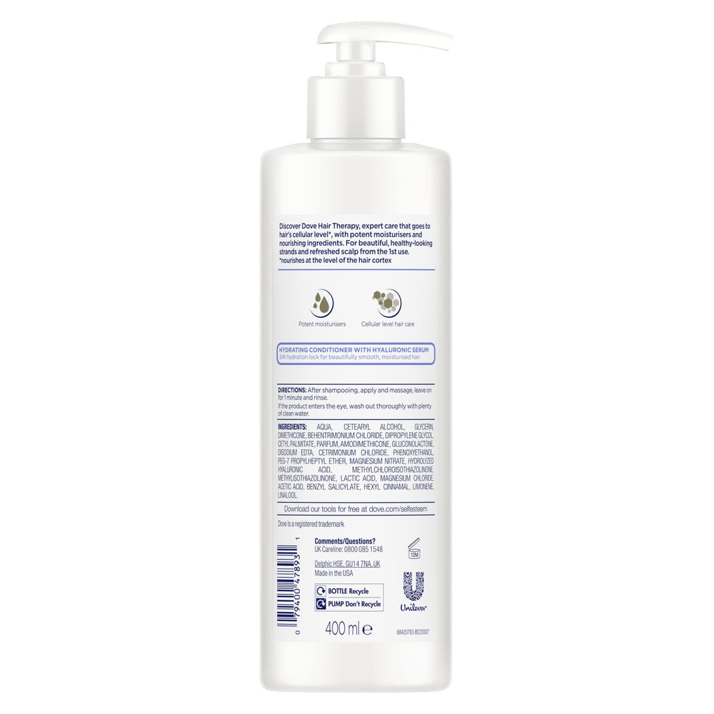 Dove Hair Therapy Hydration Spa Conditioner alongside Hydration Spa Shampoo in a spa setup.