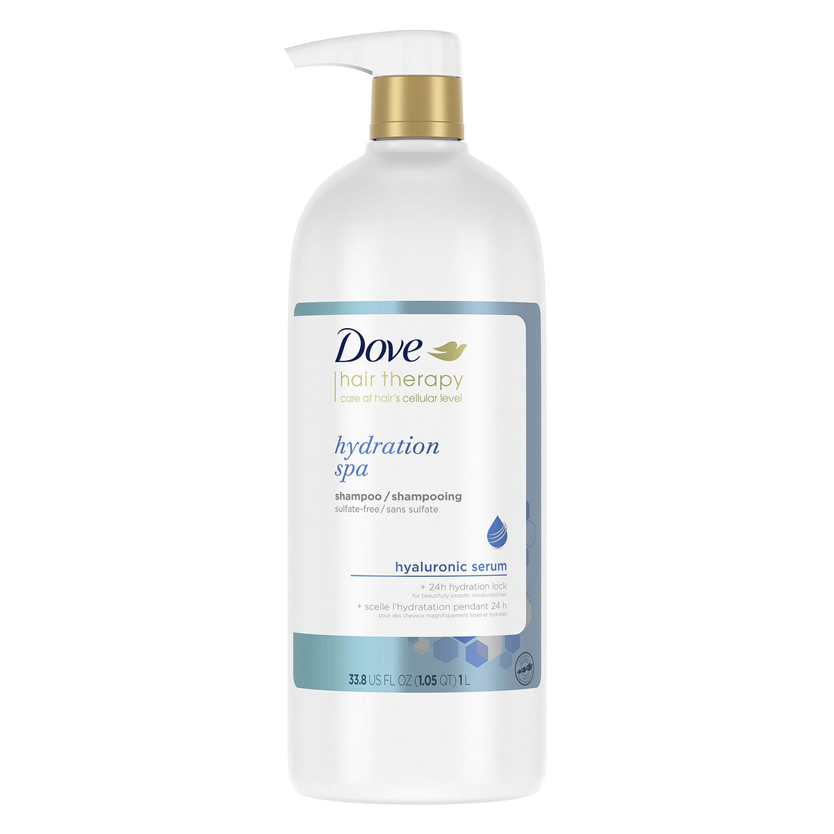 Dove Hair Therapy Hydration Spa shampoo bottle pouring for deeply hydrated hair.