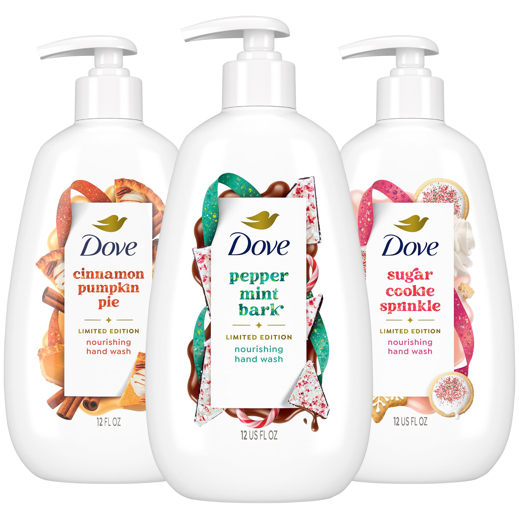 Dove Cinnamon Pumpkin Pie hand soap bottle with nourishing 5X moisture.