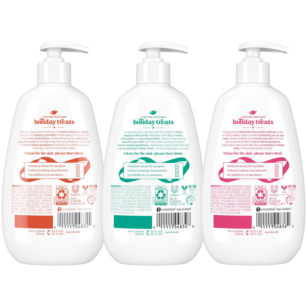 Dove Peppermint Bark hand soap with refreshing lather and skin-softening care.