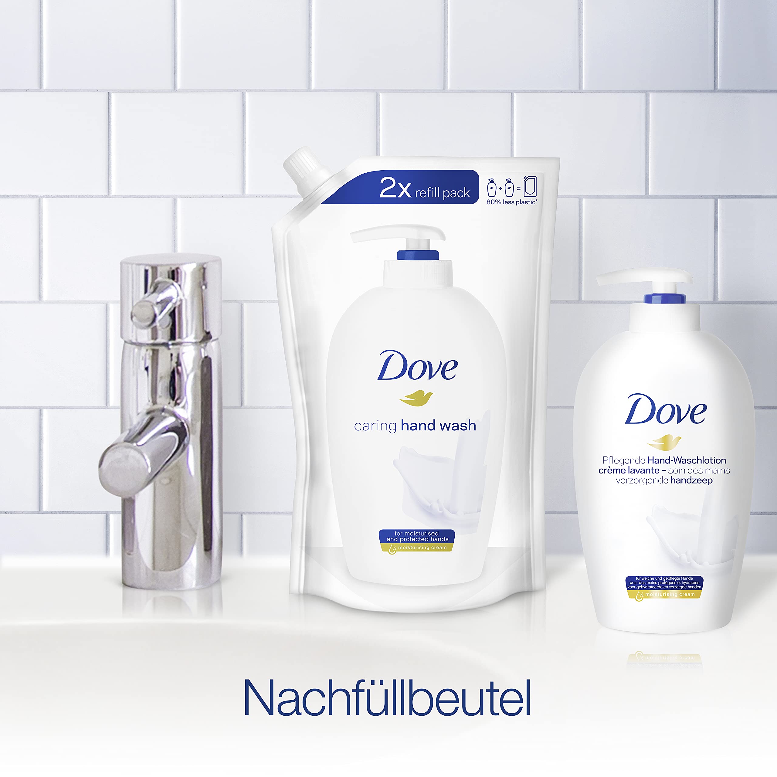 Close-up of Dove hand wash foam showing gentle cleansing.