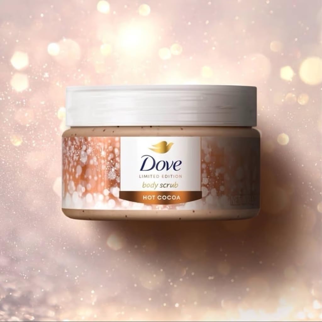 Dove Hot Cocoa Scrub in bathroom setting for cozy routine