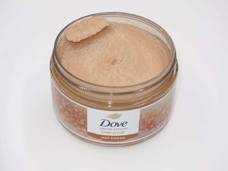 Dove Hot Cocoa Scrub jar close-up highlighting creamy texture and exfoliating beads