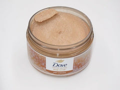 Dove Hot Cocoa Scrub jar close-up highlighting creamy texture and exfoliating beads