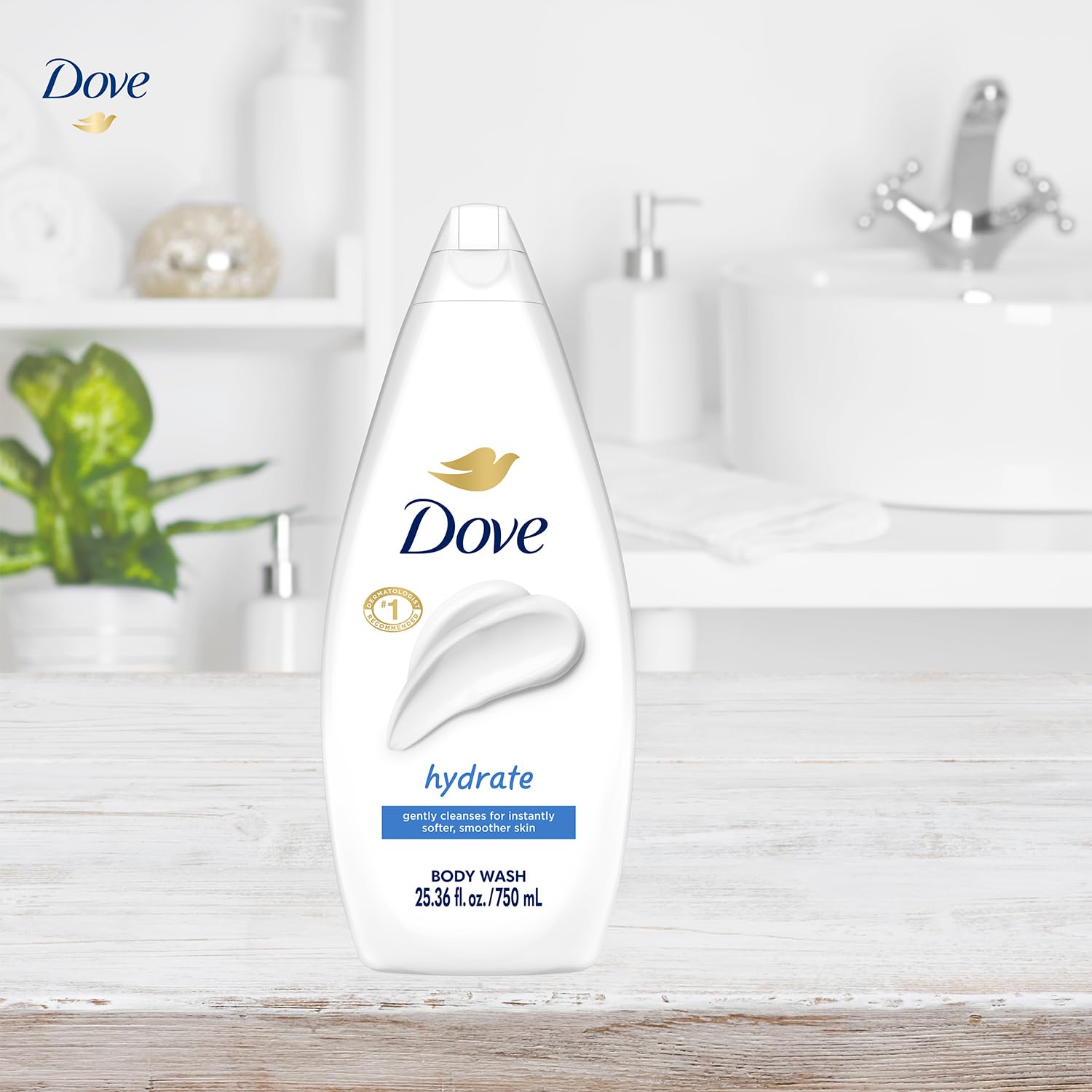 Dove Hydrate 4-pack packaging, convenient value-size for the bathroom