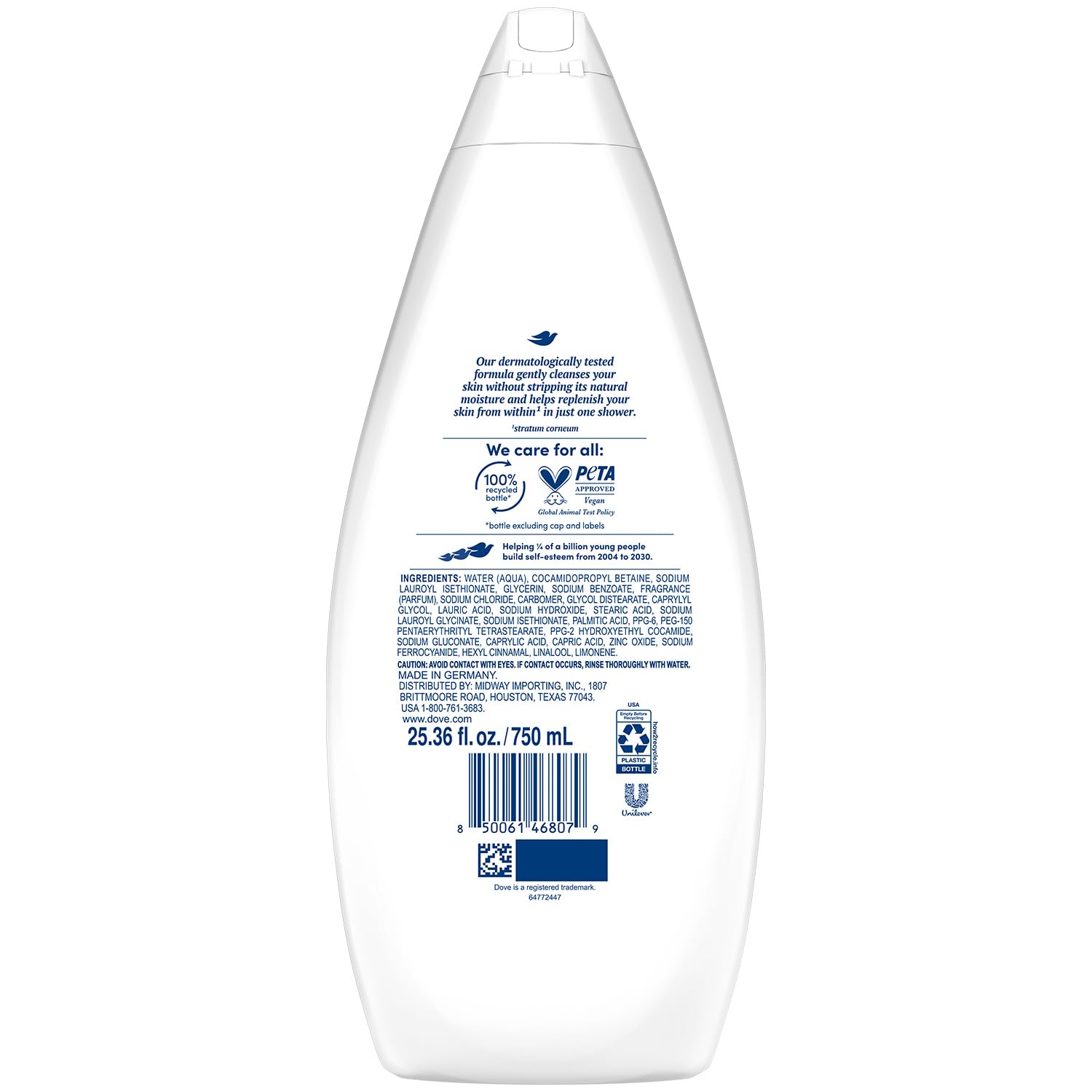 Dove Hydrate bottle front view, promoting gentle hydration during every shower