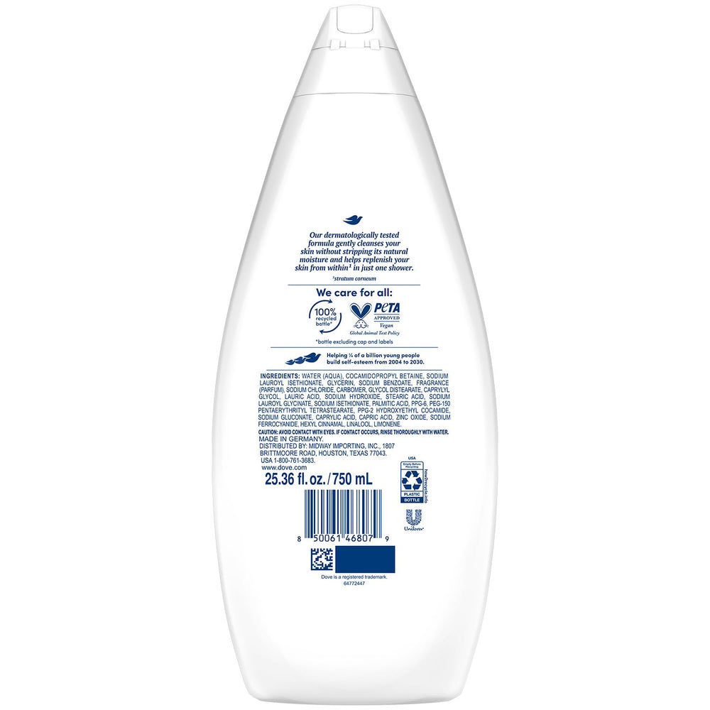 Dove Hydrate bottle front view, promoting gentle hydration during every shower