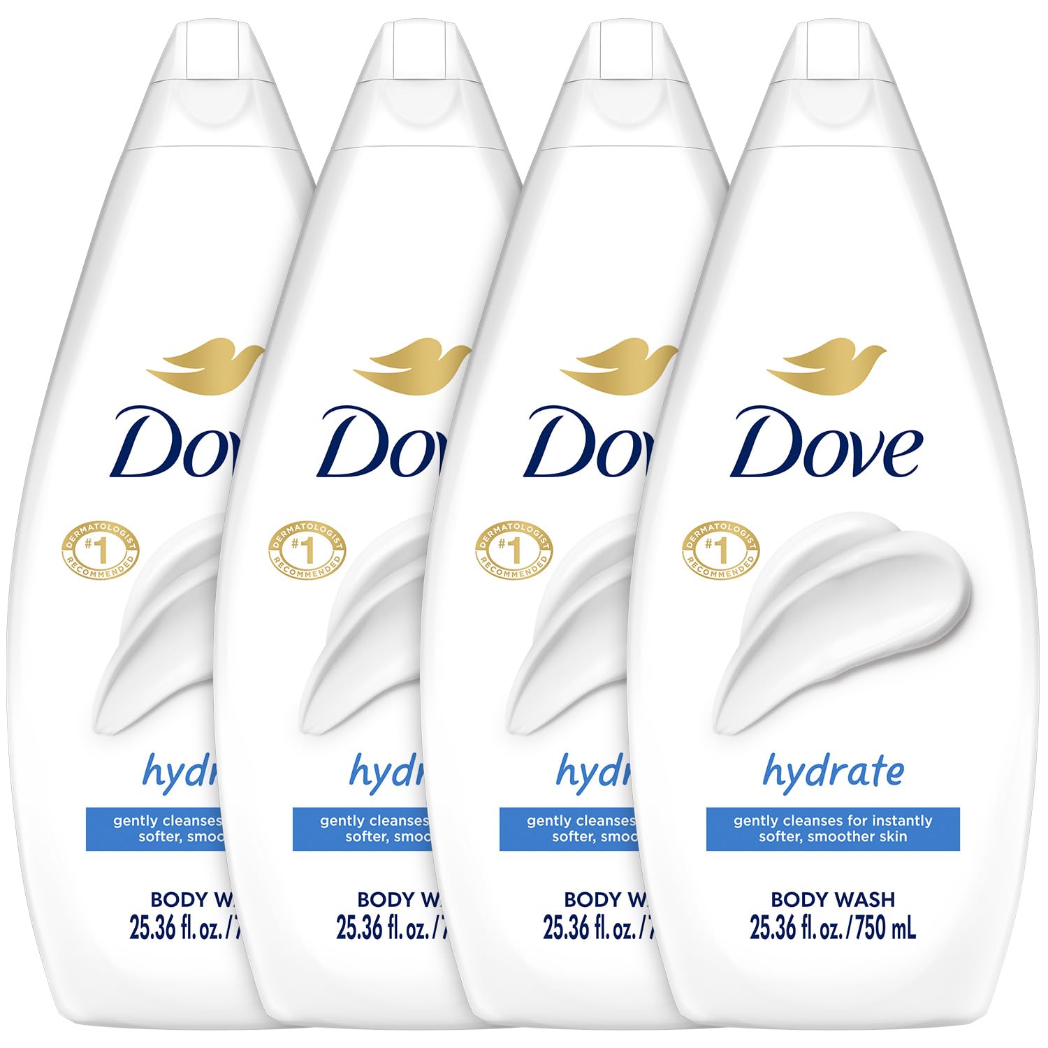 Dove Hydrate bottle being poured, showcasing a moisturizing cleanse for soft skin