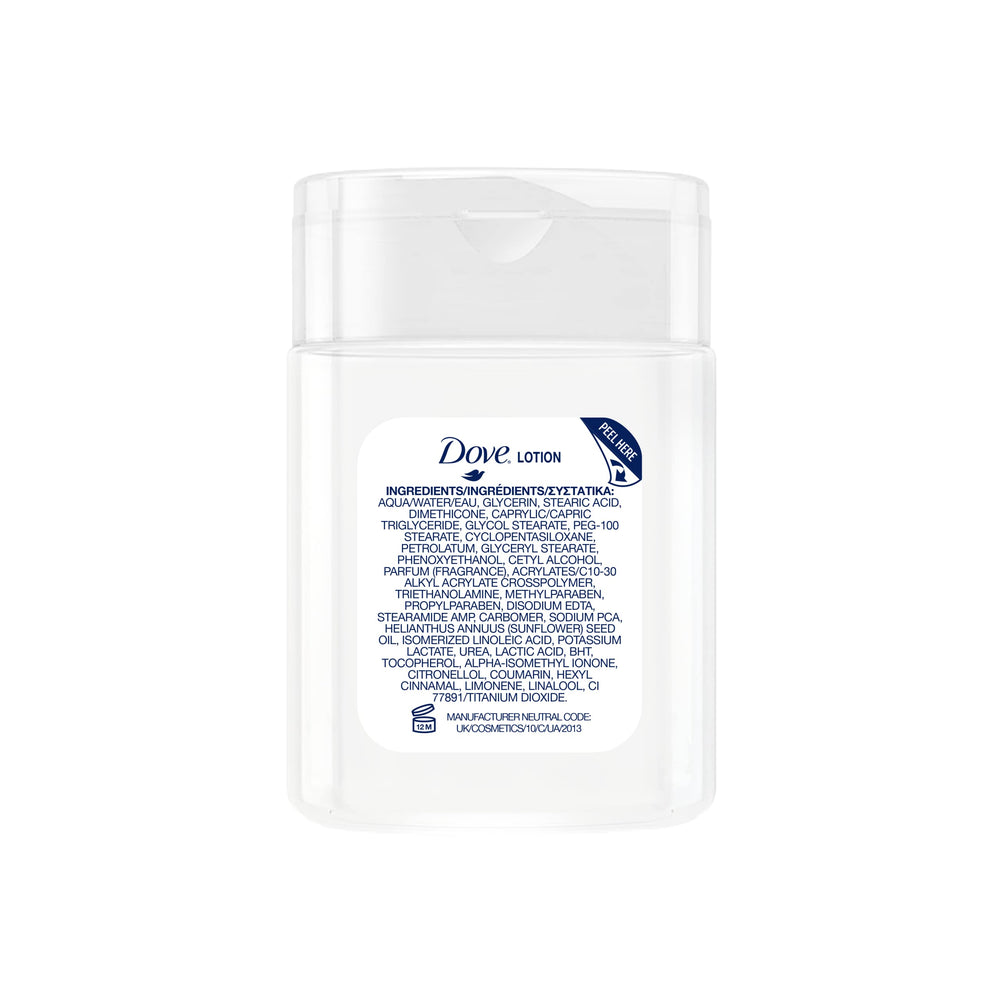 Dove hydrating lotion flip-top close-up for guest amenities.