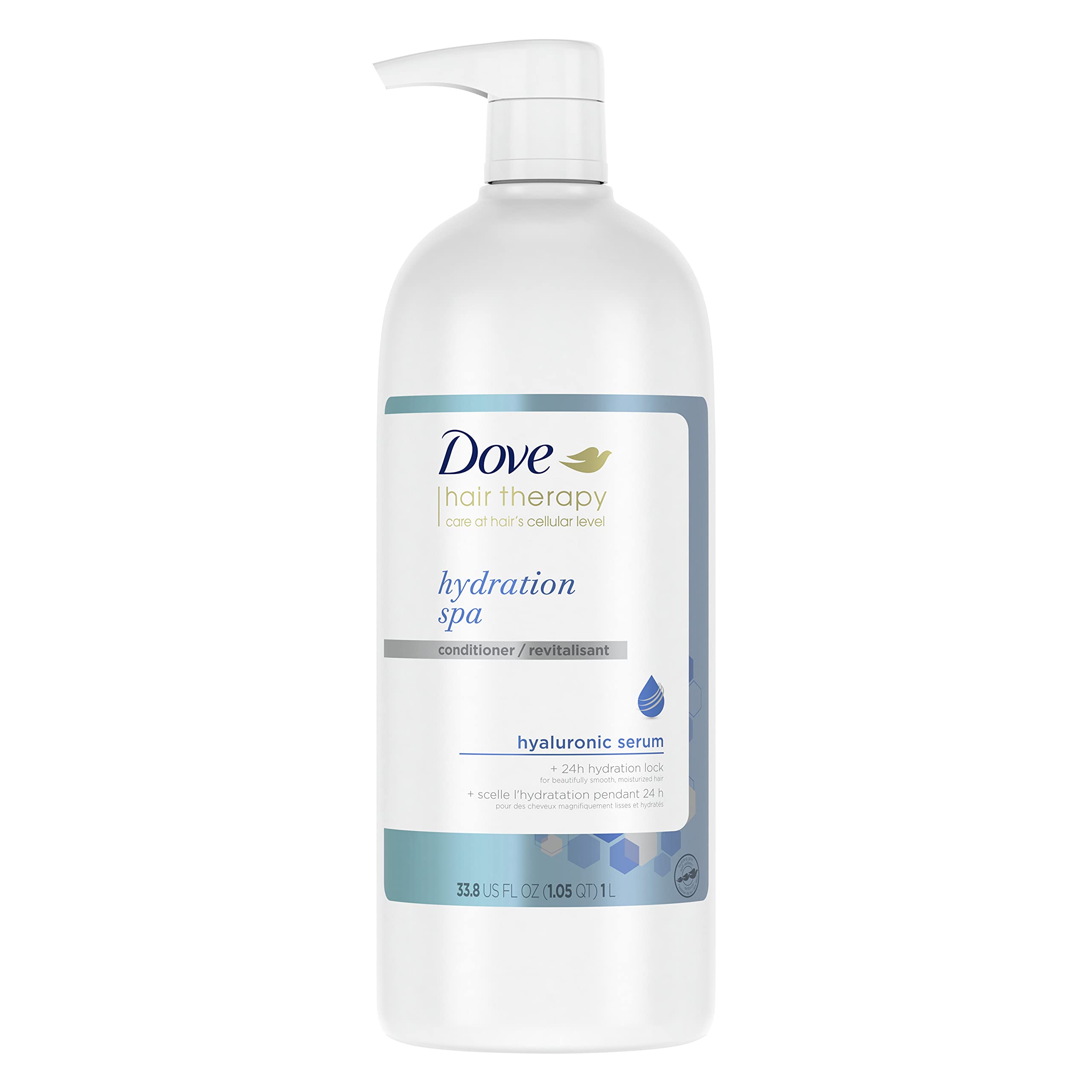 Dove Hydration Spa Conditioner bottle shown for long-lasting moisture on dry hair.