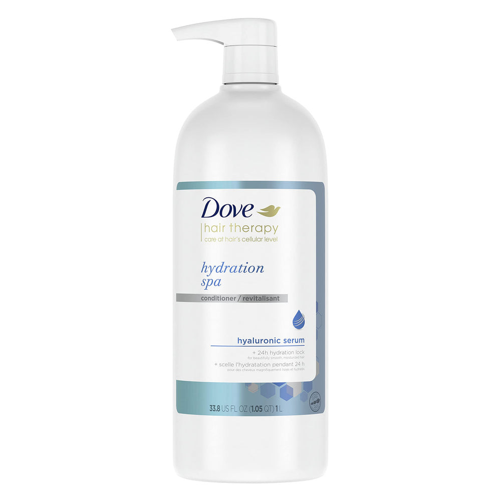 Dove Hydration Spa Conditioner bottle shown for long-lasting moisture on dry hair.