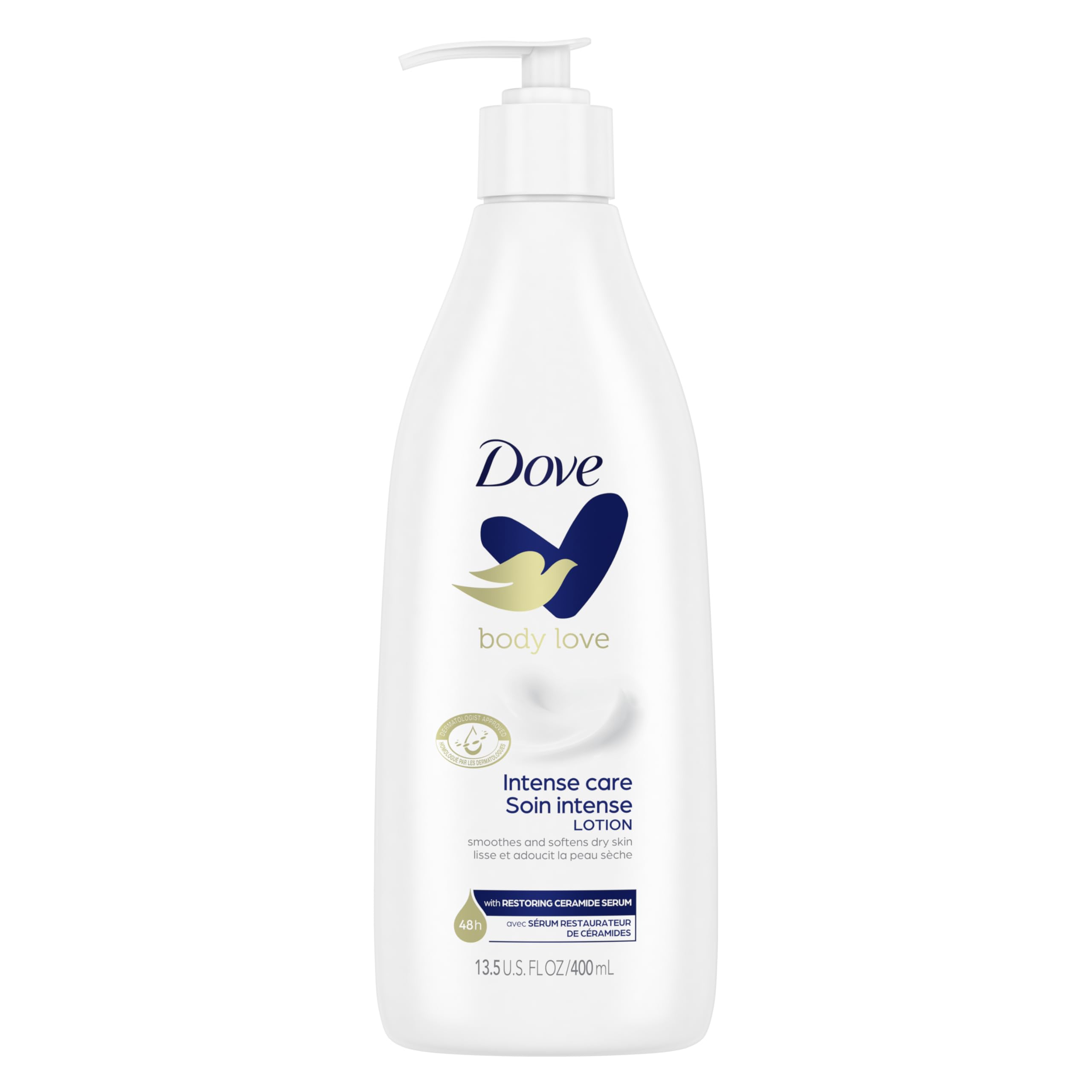 Dove Intense Care Body Lotion bottle delivers 48h moisture and fast absorption.