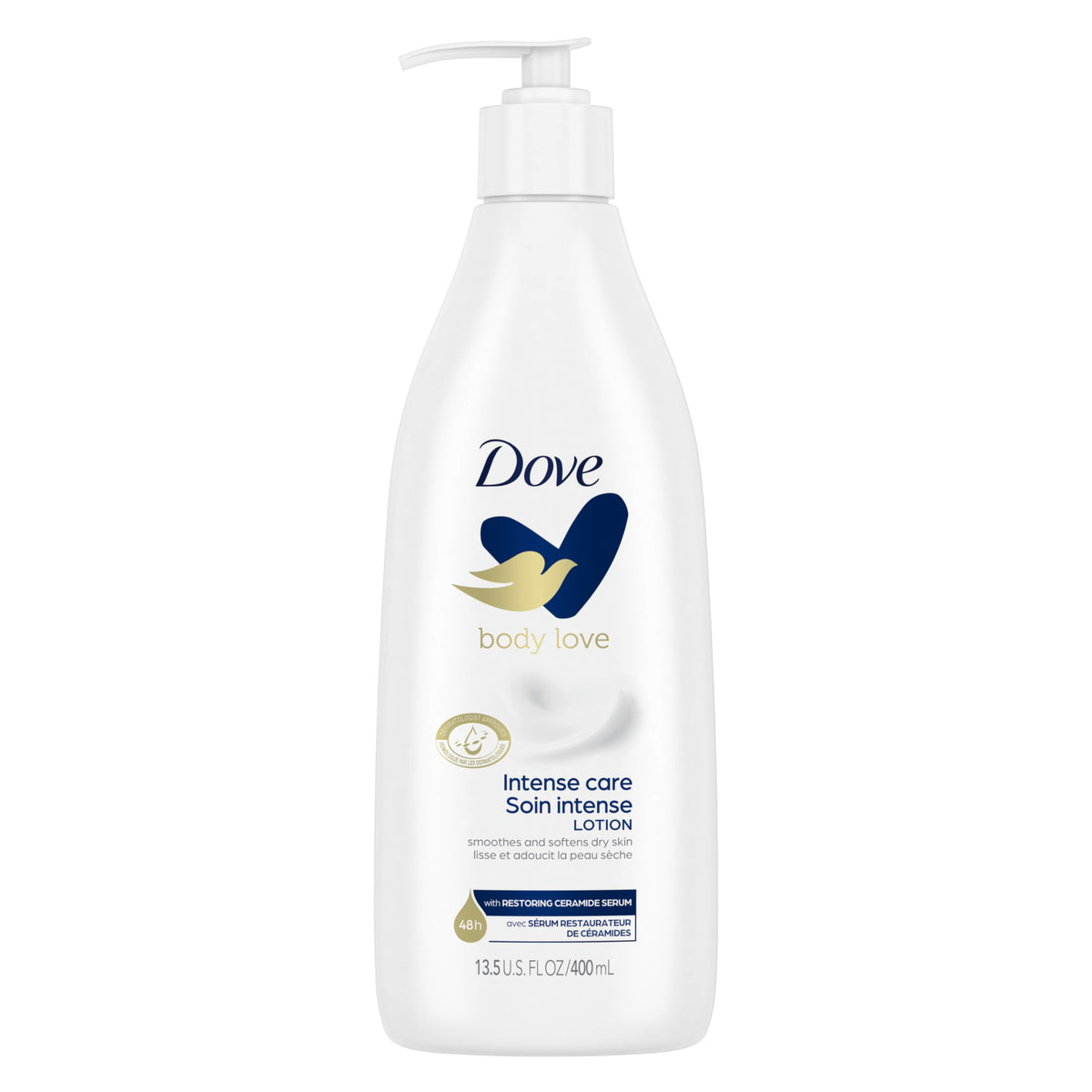 Dove Intense Care Body Lotion bottle delivers 48h moisture and fast absorption.