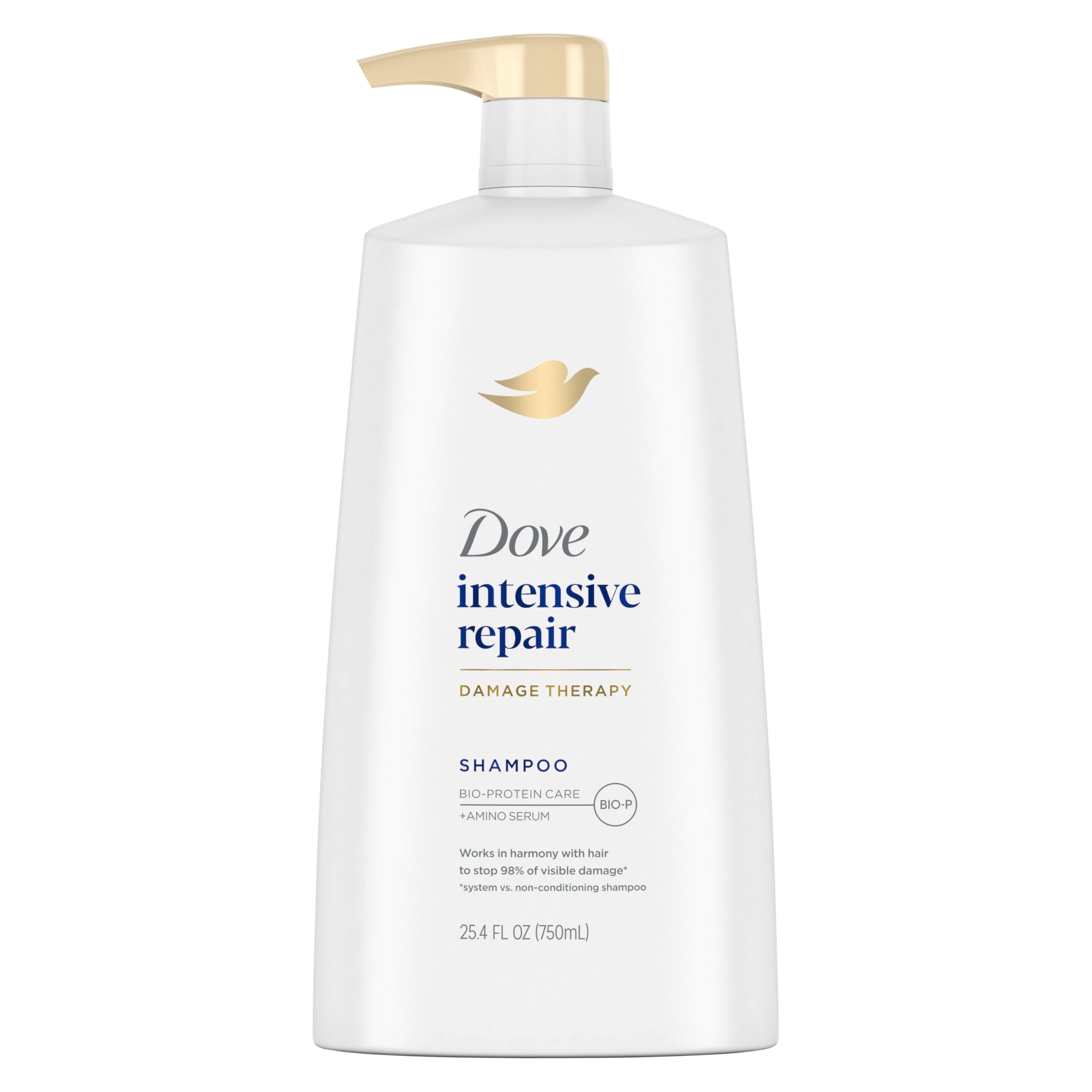 Dove Intensive Repair shampoo bottle view shows nourishing formula for damaged hair