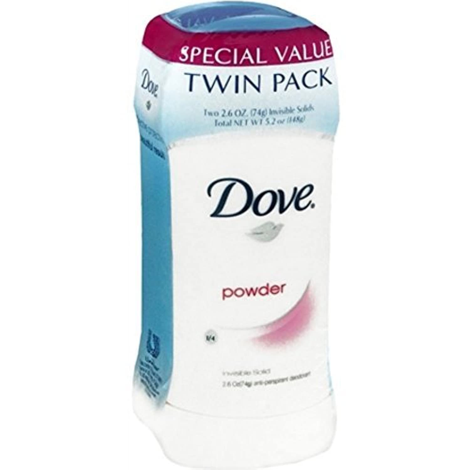 Dove Invisible Solid Powder deodorant front view highlighting clear wear and moisturizers.