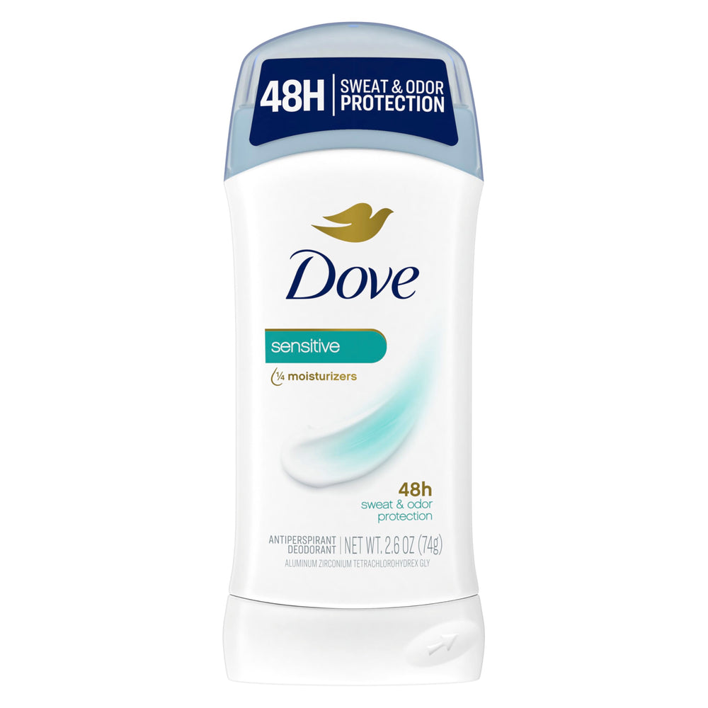 Dove Invisible Solid Sensitive deodorant stick in use for smooth, all-day underarm protection.
