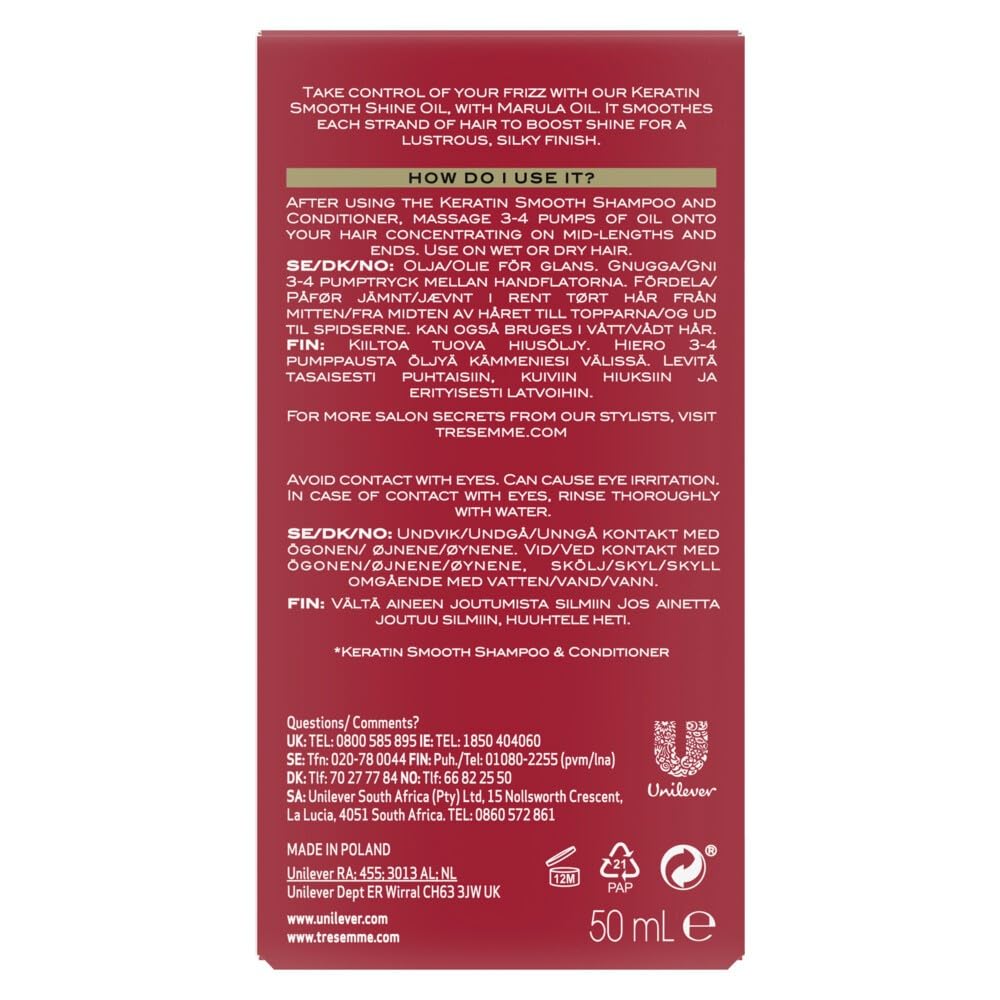Dove Keratin Smooth Shine Oil pump dispensing onto palm for easy, even application