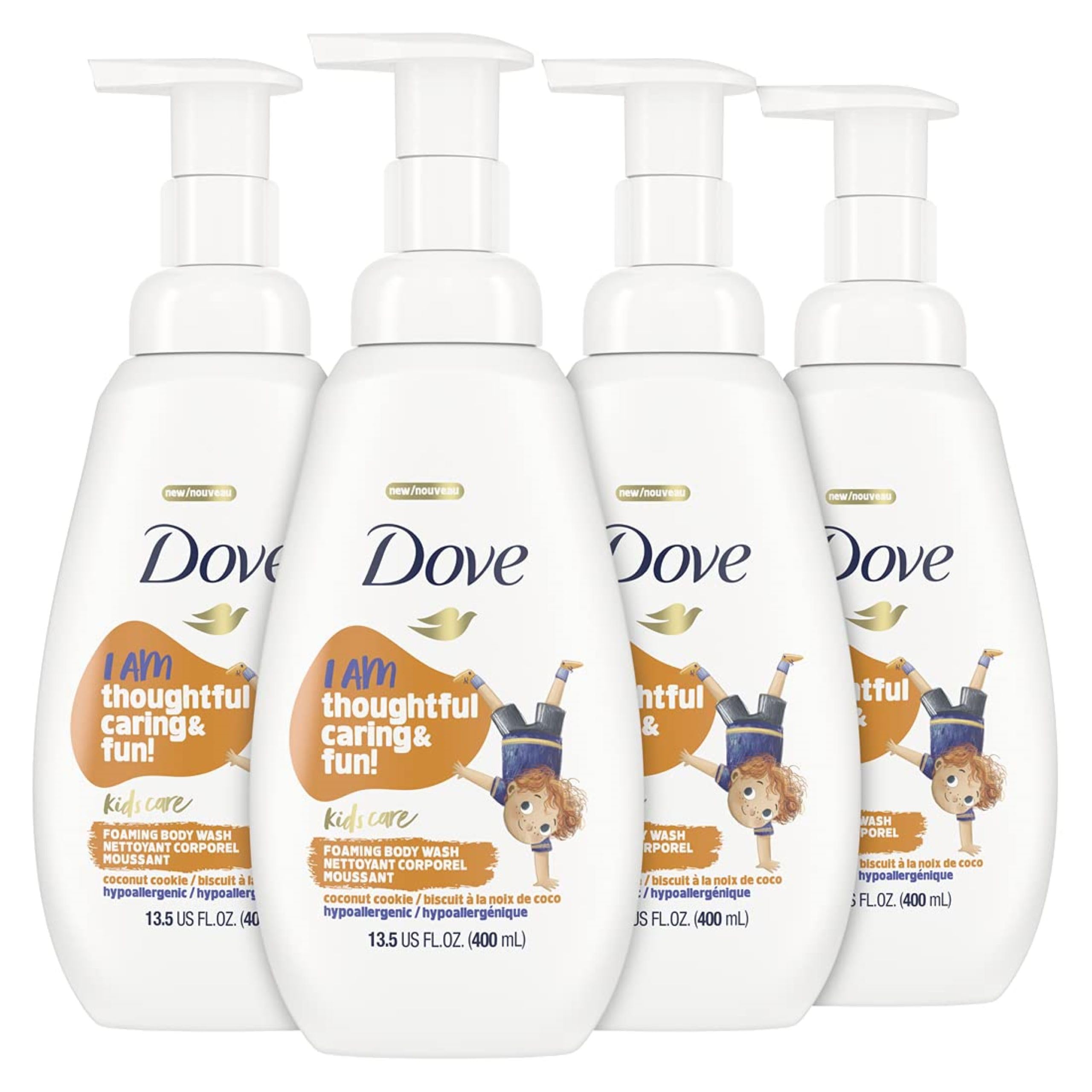 Dove Kids Care Foaming Body Wash Coconut Cookie bottle shows gentle cleansing for sensitive skin