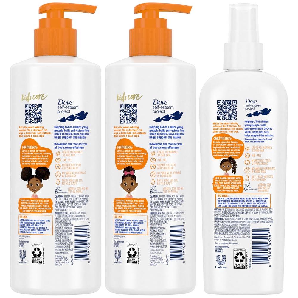 Dove Kids Conditioner bottle emphasizes hydration with shea butter and coconut oil.