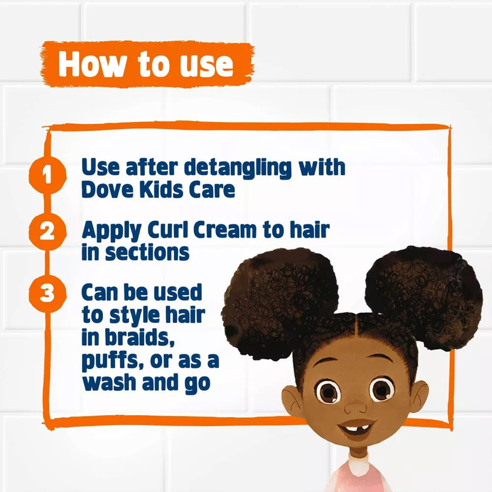 Dove Kids Curl Cream tube close-up showing easy-to-apply styling.