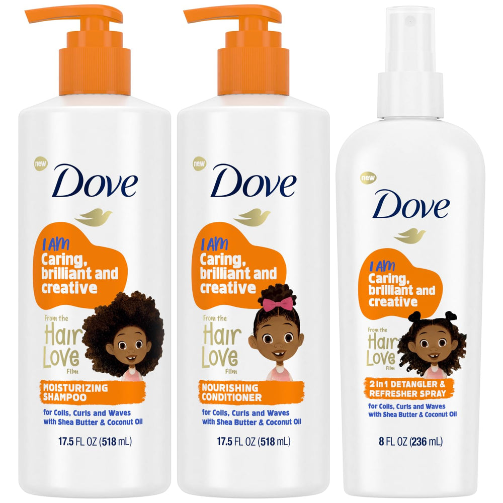 Dove Kids Shampoo bottle highlights gentle cleansing for curly, wavy hair.