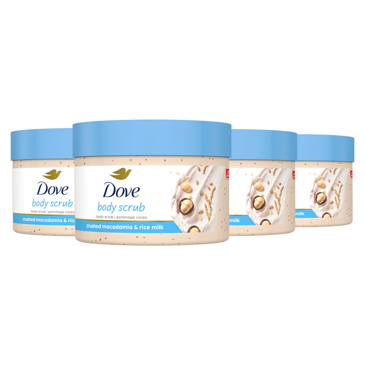 Dove Exfoliating Body Polish bottle displays Macadamia and Rice Milk for radiant skin prep.