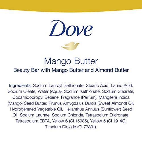 Dove Mango Butter Beauty Bar packaging highlights biodegradability.
