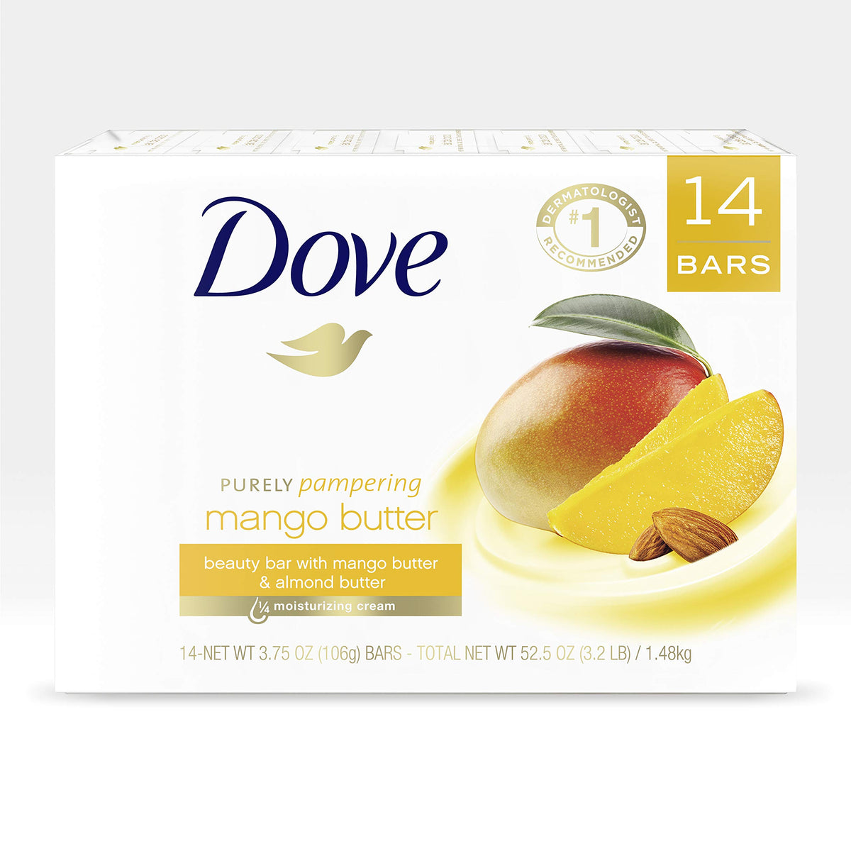 Dove Mango Butter Beauty Bar pack shot with 14 bars for everyday moisturization.