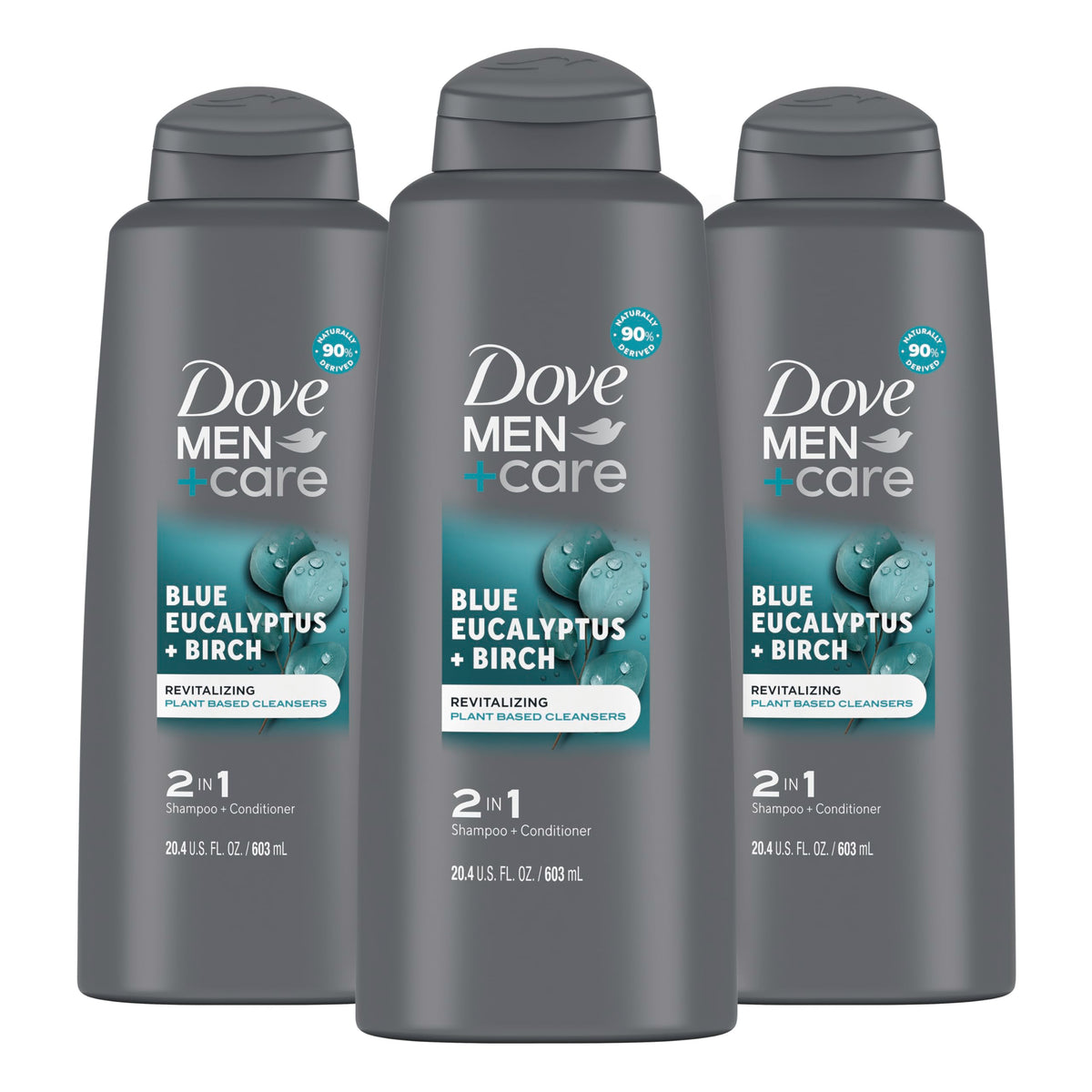 DOVE MEN + CARE 2-in-1 bottle front with Birch and Eucalyptus for daily freshness