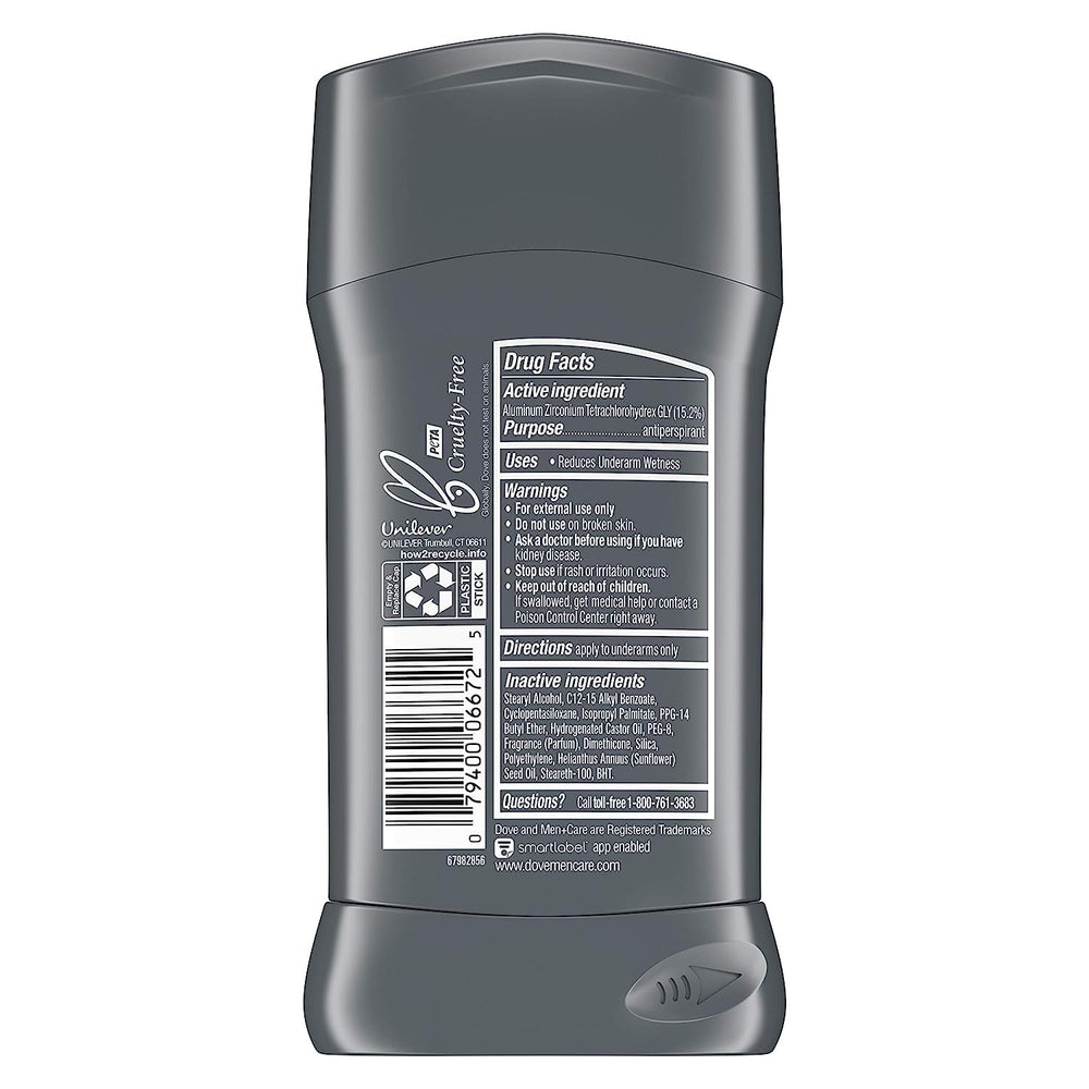 Dove Men+Care antiperspirant stick being applied for a smooth glide.