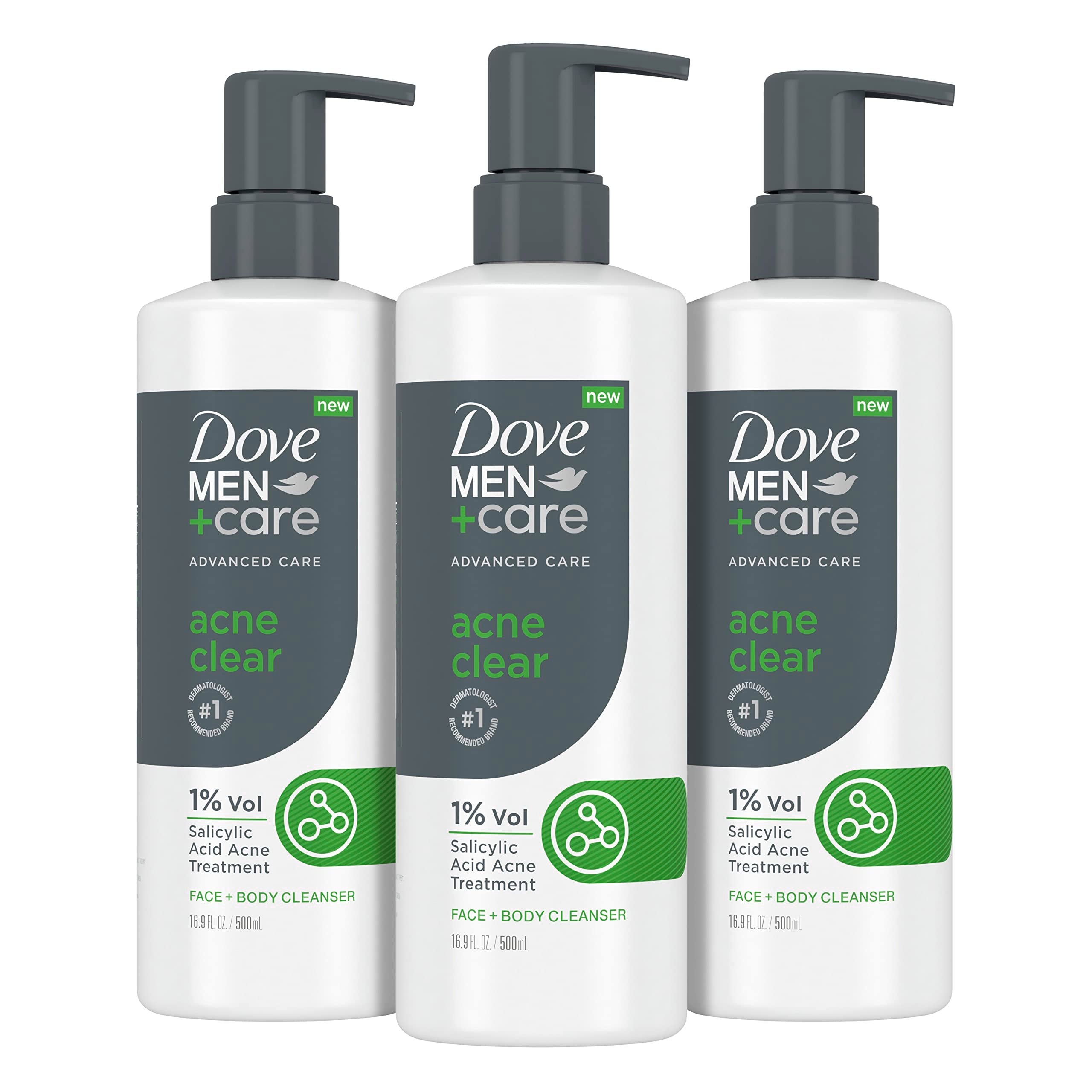 Dove Men+Care Acne Clear bottle front with 1% salicylic acid for acne-prone skin.