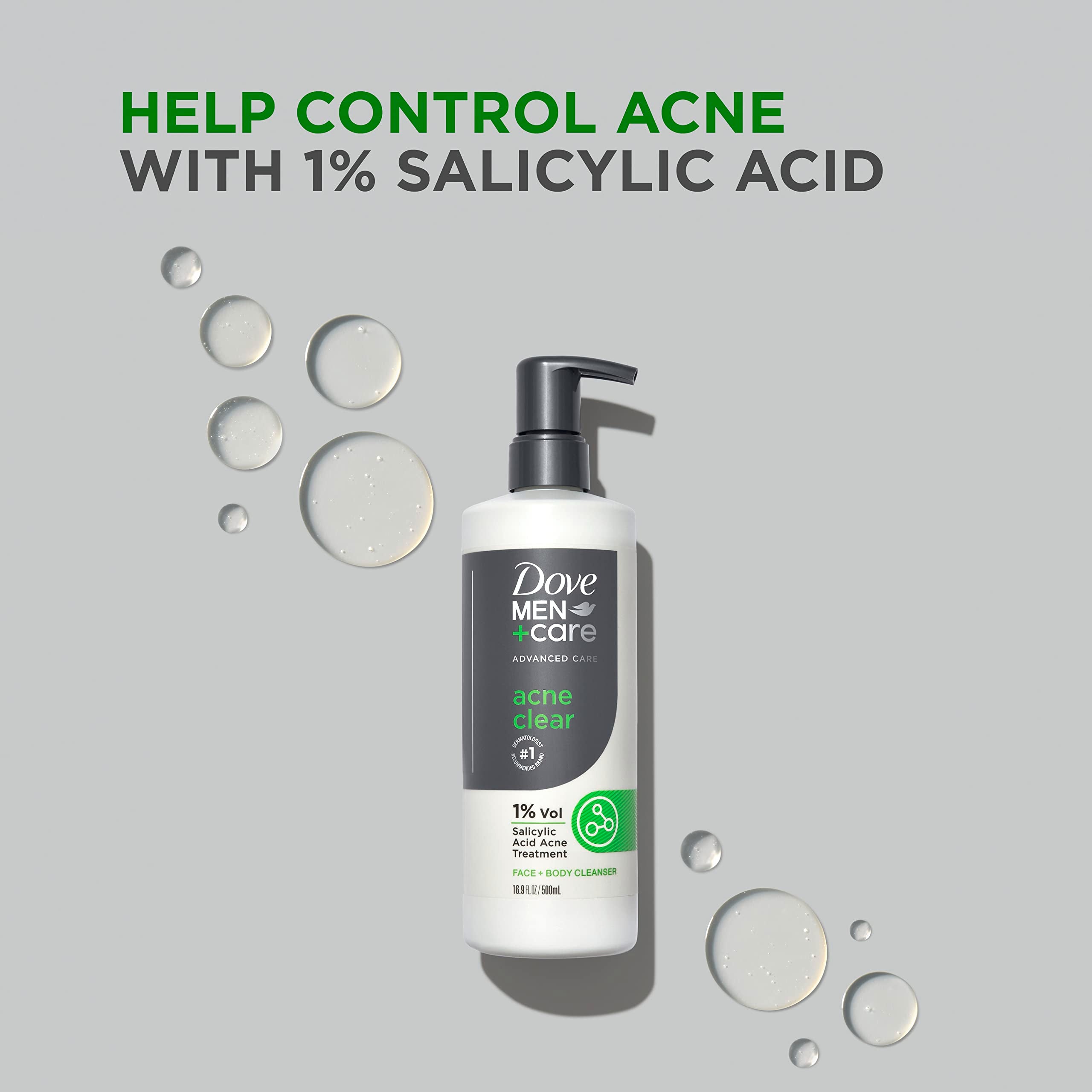 Dove Men+Care Acne Clear face and body application during shower rinse.