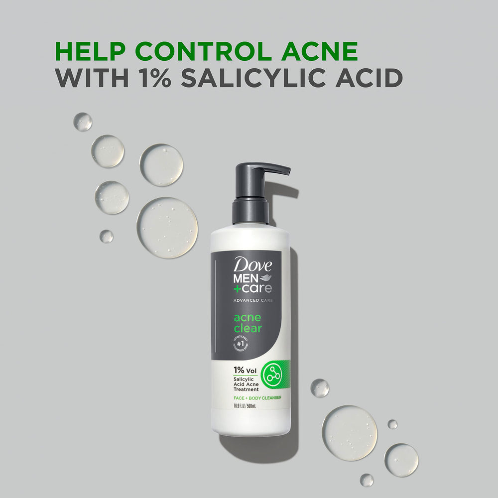 Dove Men+Care Acne Clear face and body application during shower rinse.