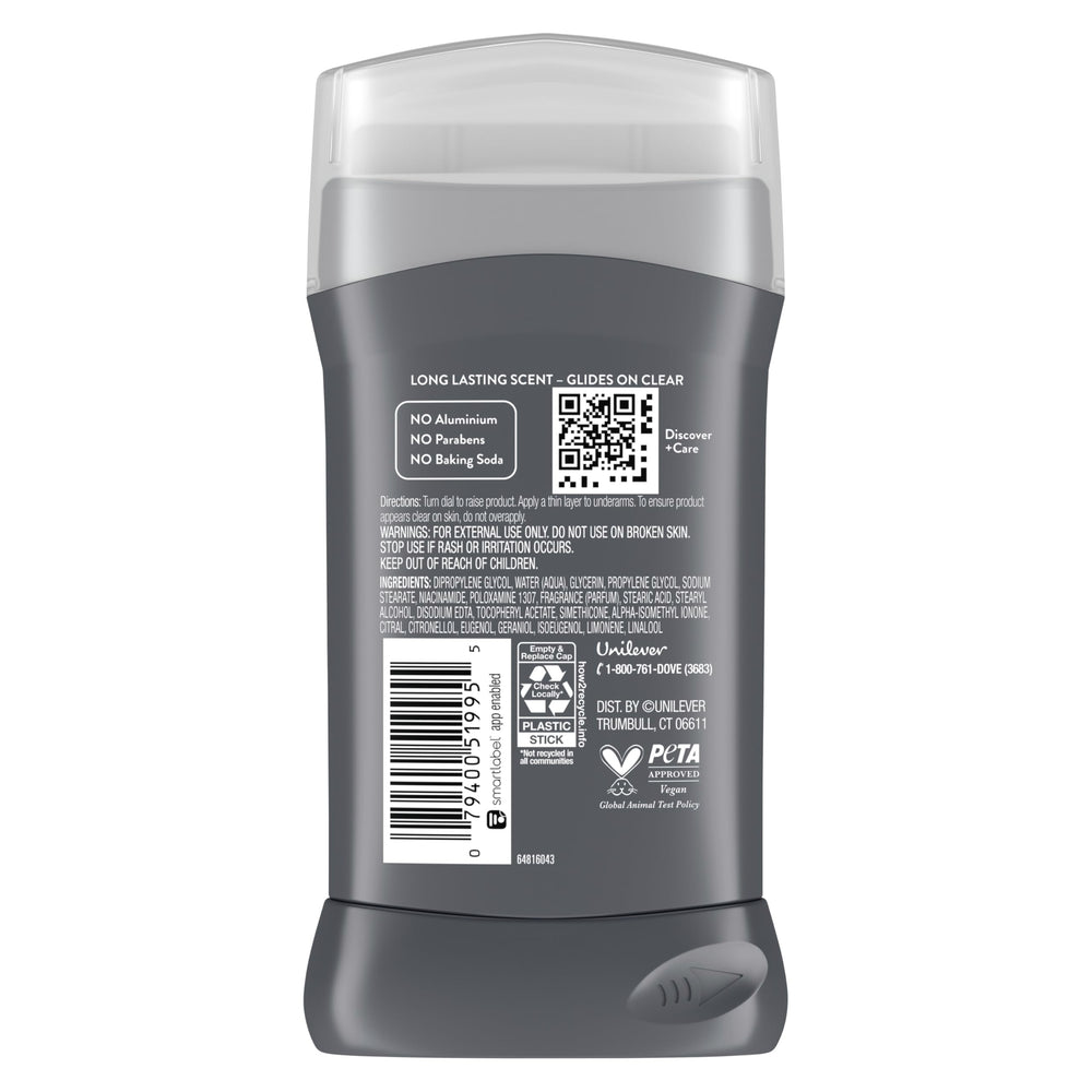 Dove Men+Care aluminum-free deodorant three-pack showcases a vegan, skin-friendly formula.