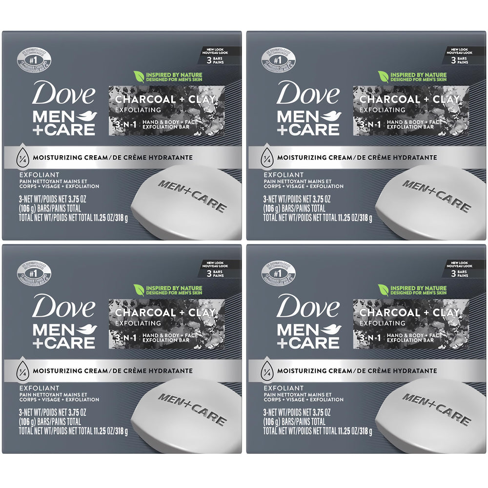 Dove Men Care Charcoal Clay exfoliating bar pack front for daily cleanse