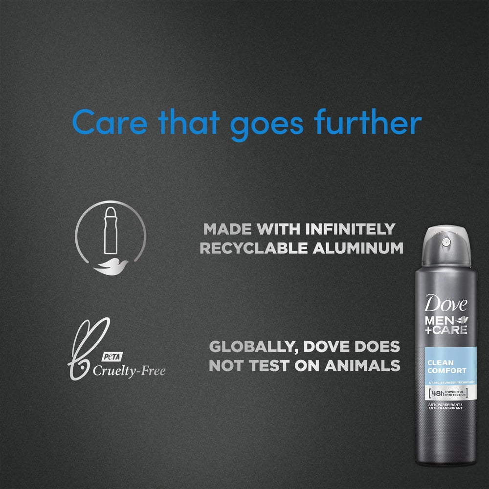 Dove Men+Care Clean Comfort antiperspirant spray with moisturizer for skin comfort.