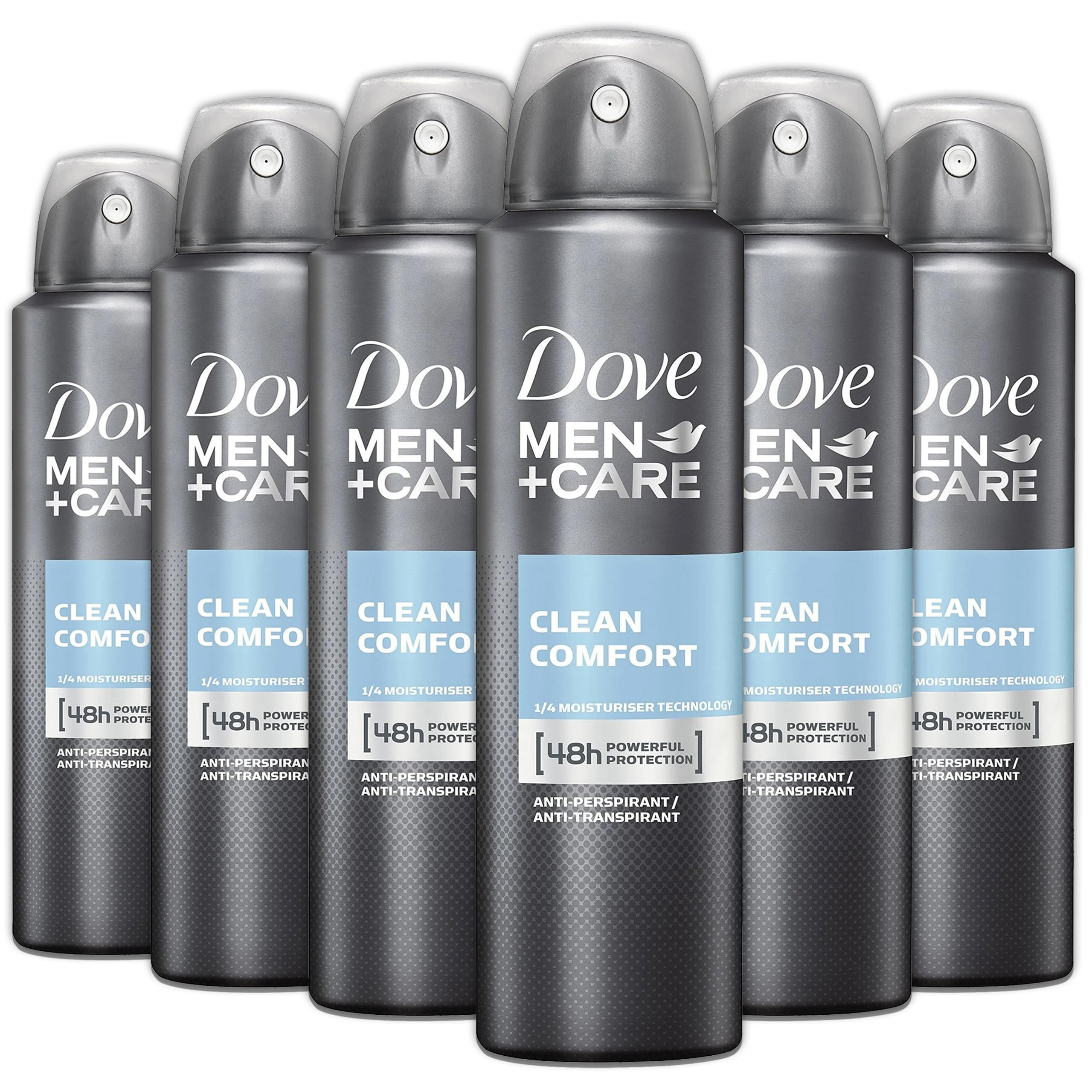 Dove Men+Care Clean Comfort antiperspirant spray six-pack for everyday freshness.