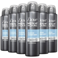 Dove Men+Care Clean Comfort antiperspirant spray six-pack for everyday freshness.