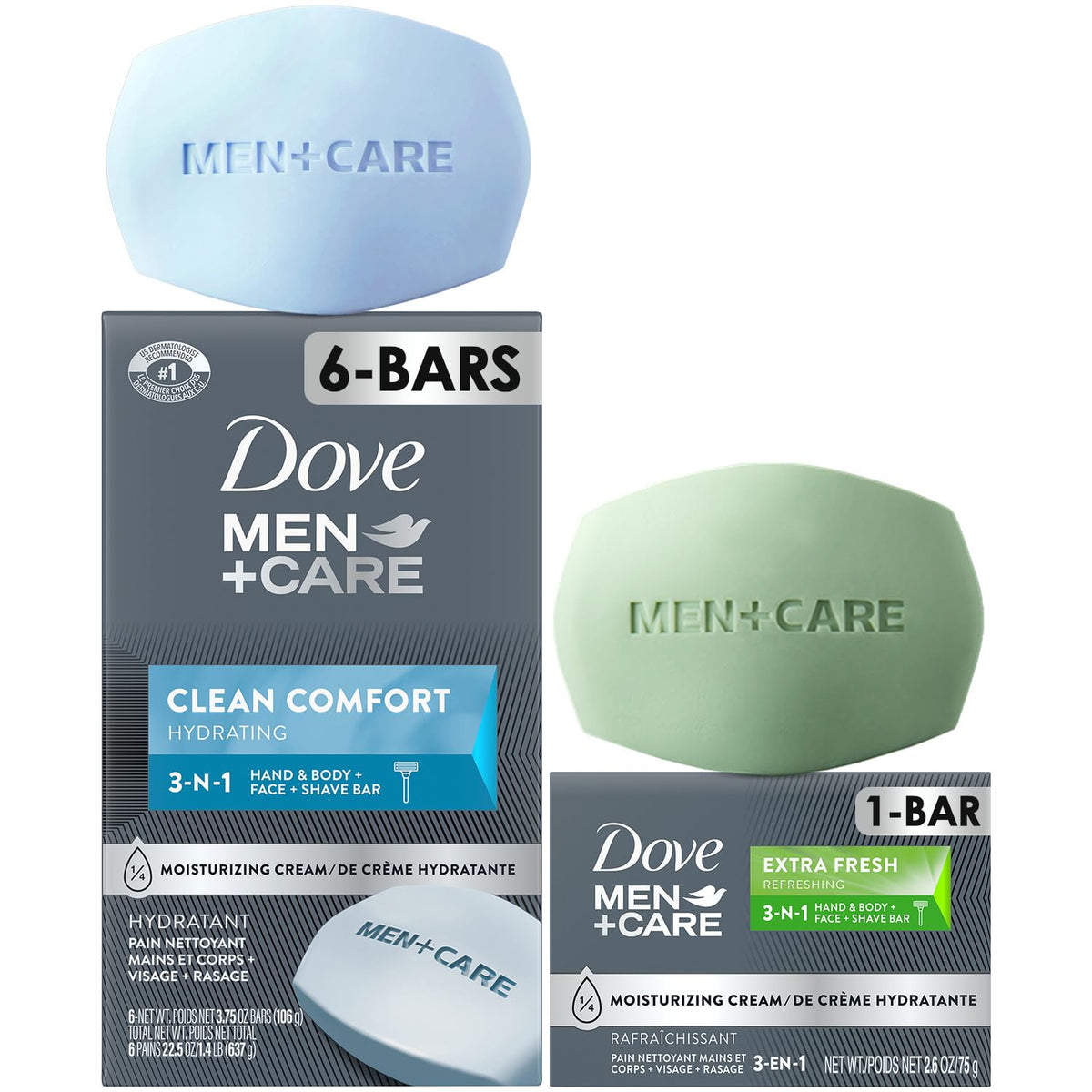 Dove Men+Care Clean Comfort bar front view showing the product for refreshed skin after shower