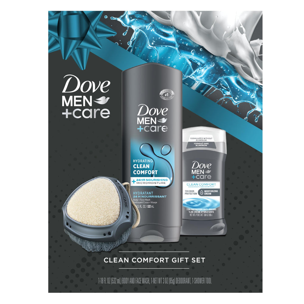 Dove Men+Care Clean Comfort body and face wash bottle for daily cleansing and hydration.