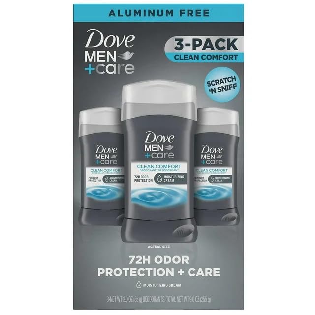 Dove Men+Care Clean Comfort deodorant stick 3-pack front view for everyday freshness.
