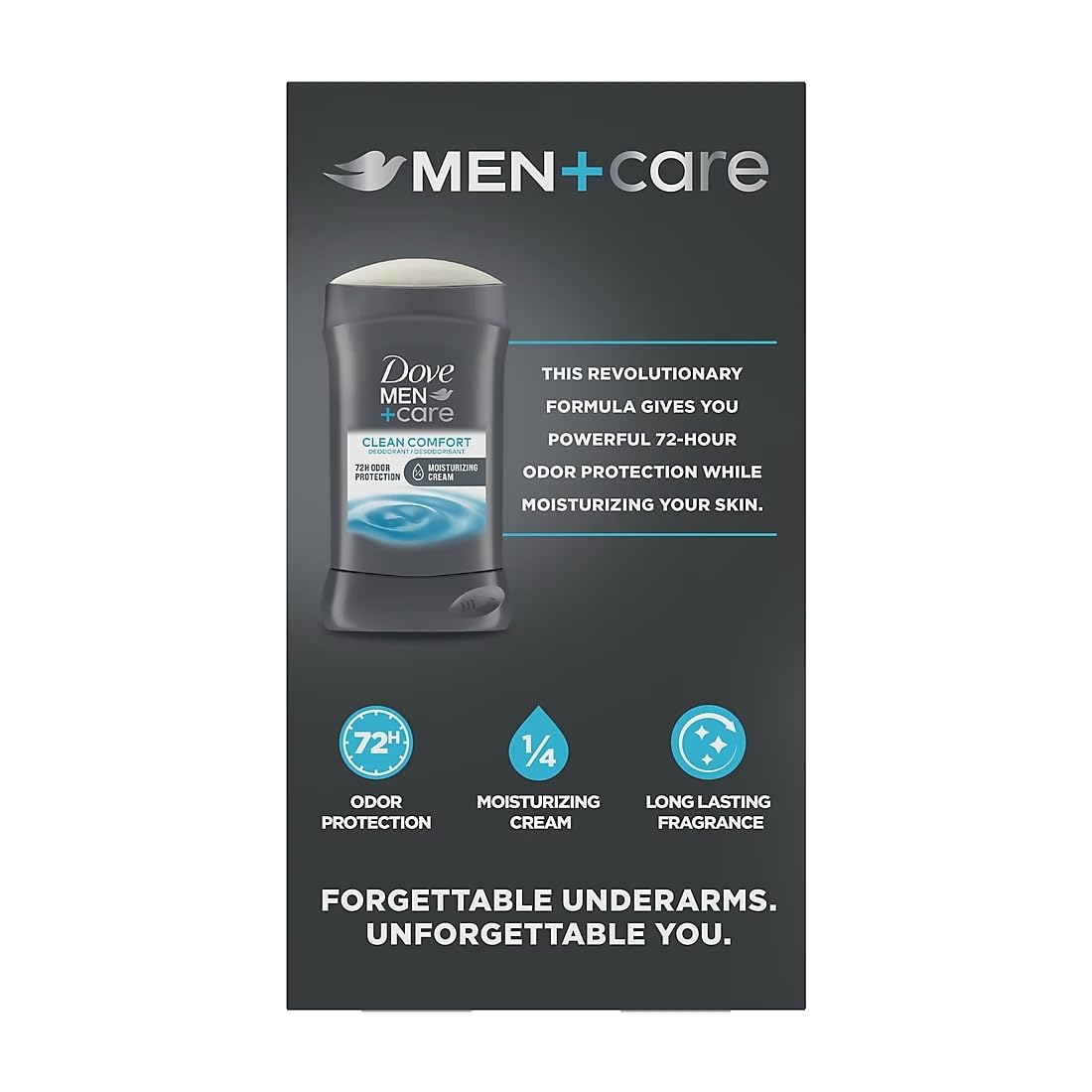 Dove Men+Care Clean Comfort 3-pack packaging displays aluminum-free formula.