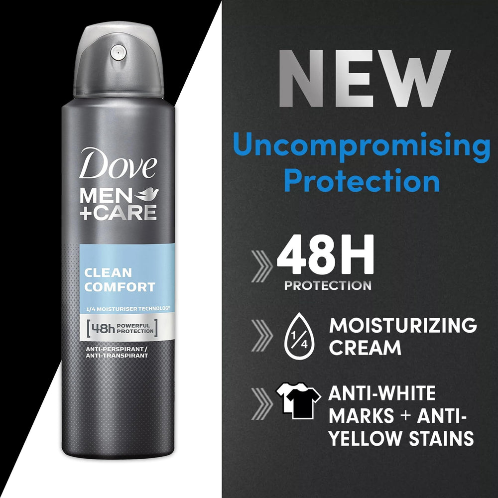 Dove Men+Care Clean Comfort spray dispensing with instant dry formula.