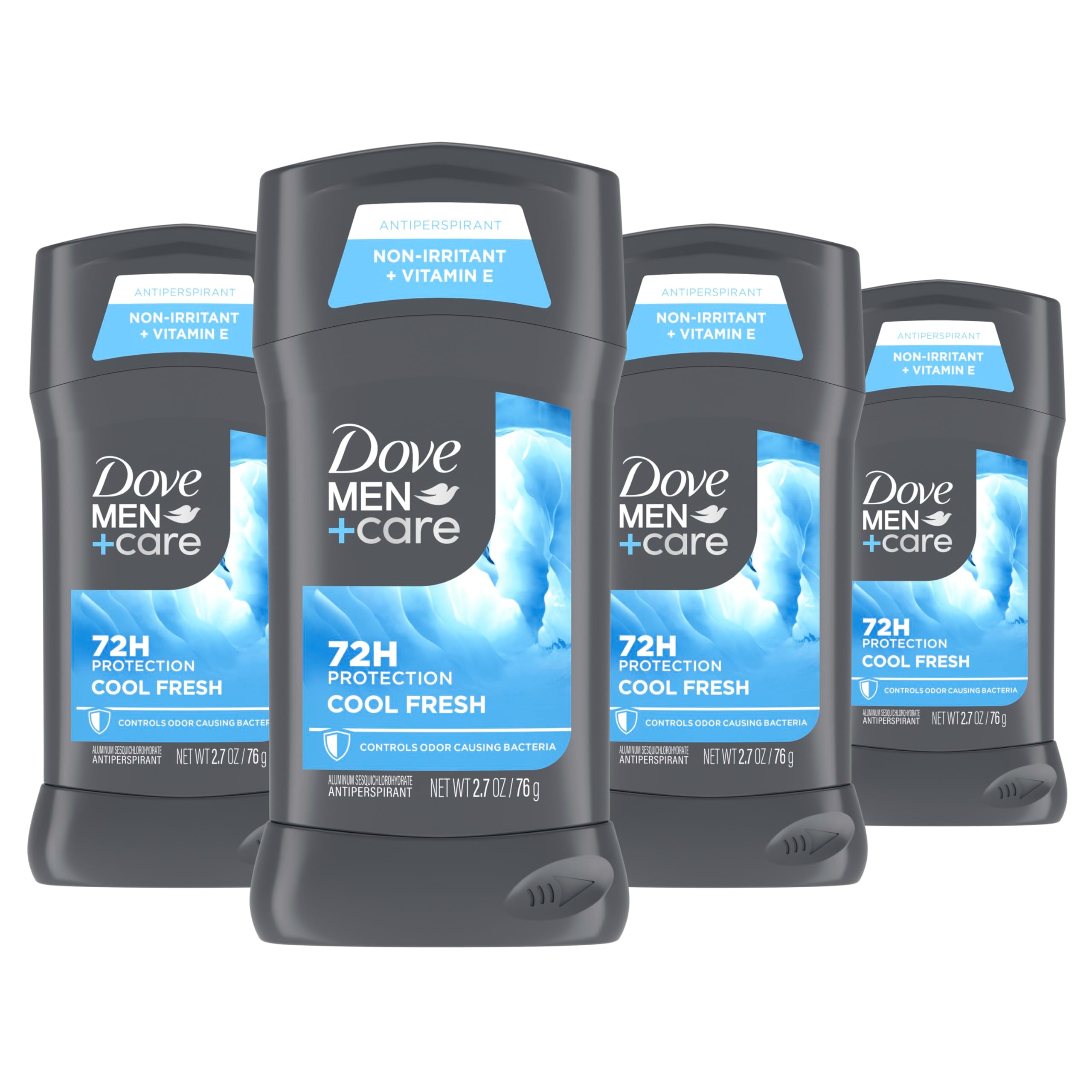 Dove Men+Care Cool Fresh antiperspirant stick close-up showing all-day freshness.