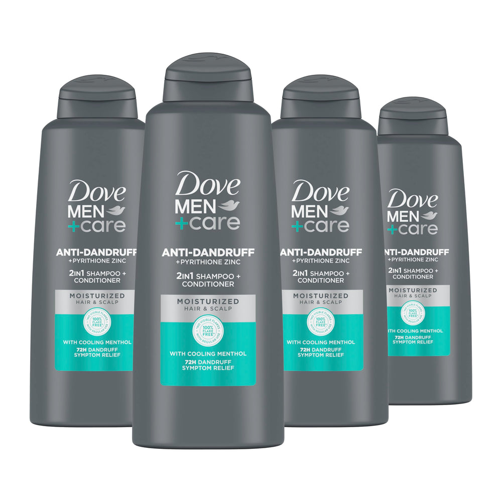 Dove Men+Care Dandruff Defense 2in1 bottle highlights flake relief and stronger hair